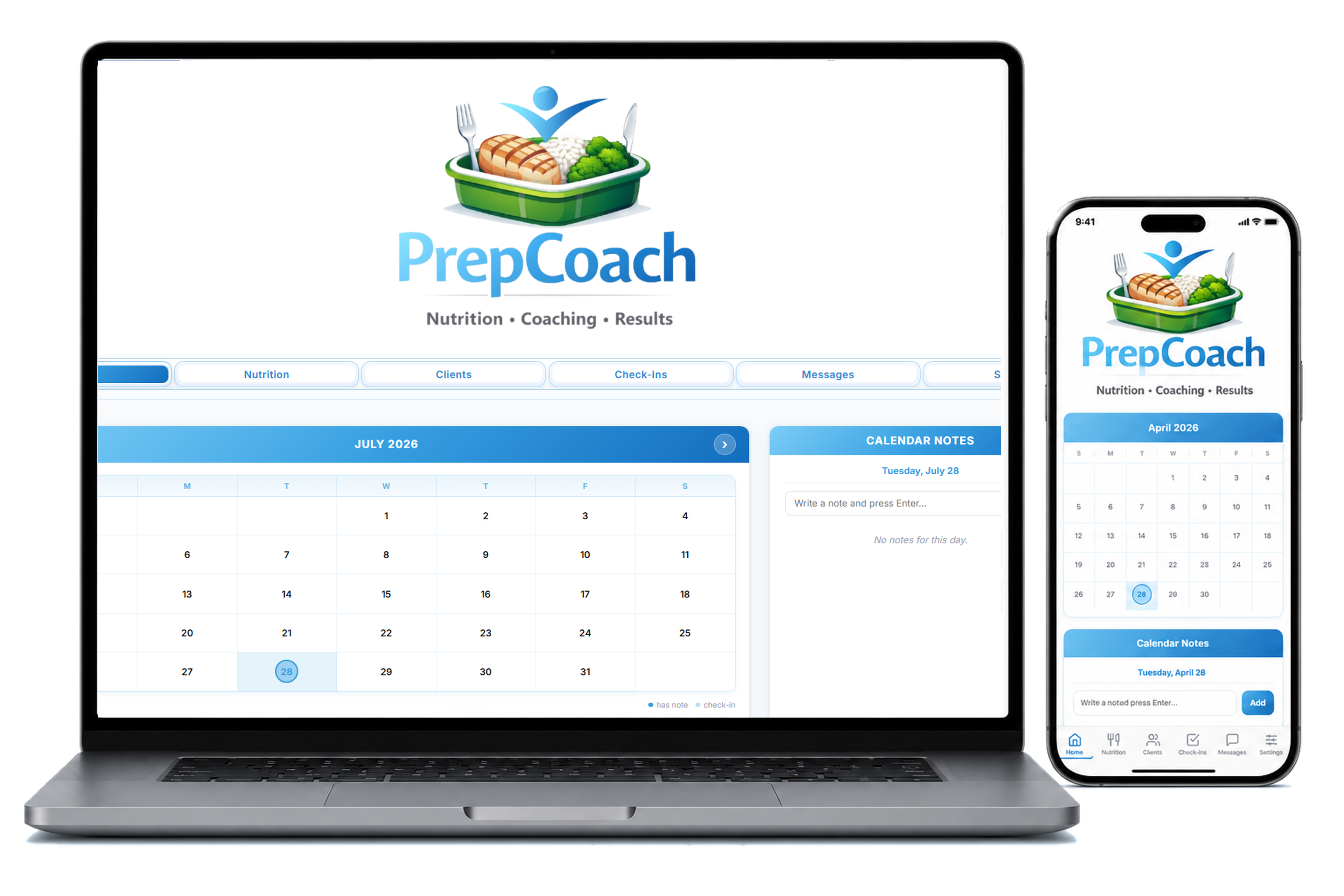 PrepCoach platform shown on a laptop and mobile phone side by side